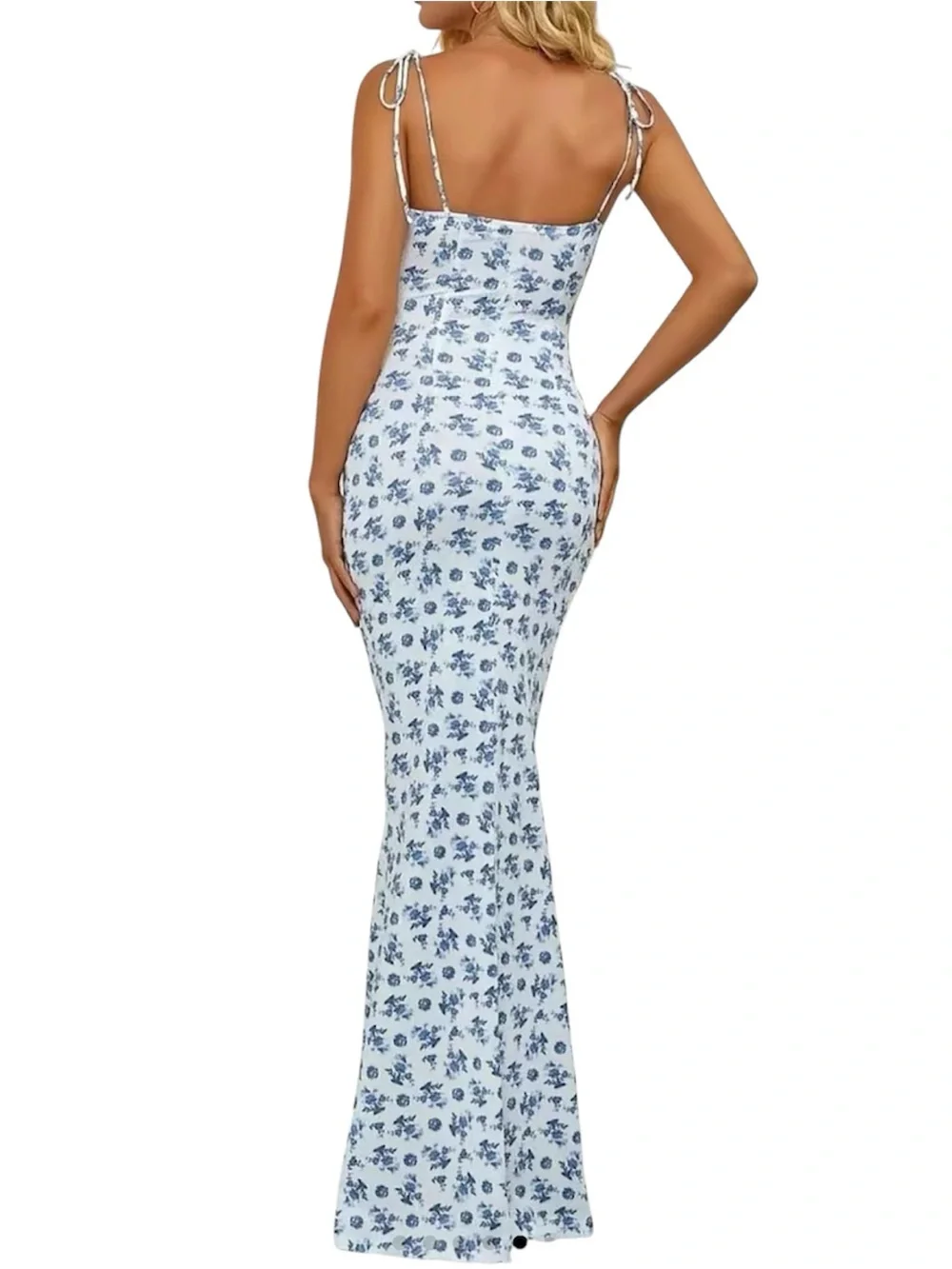 Front-Tie Ditsy Blue Floral Strappy Maxi Mermaid Milkmaid Dress Vacation Sz S - Picture 2 of 5
